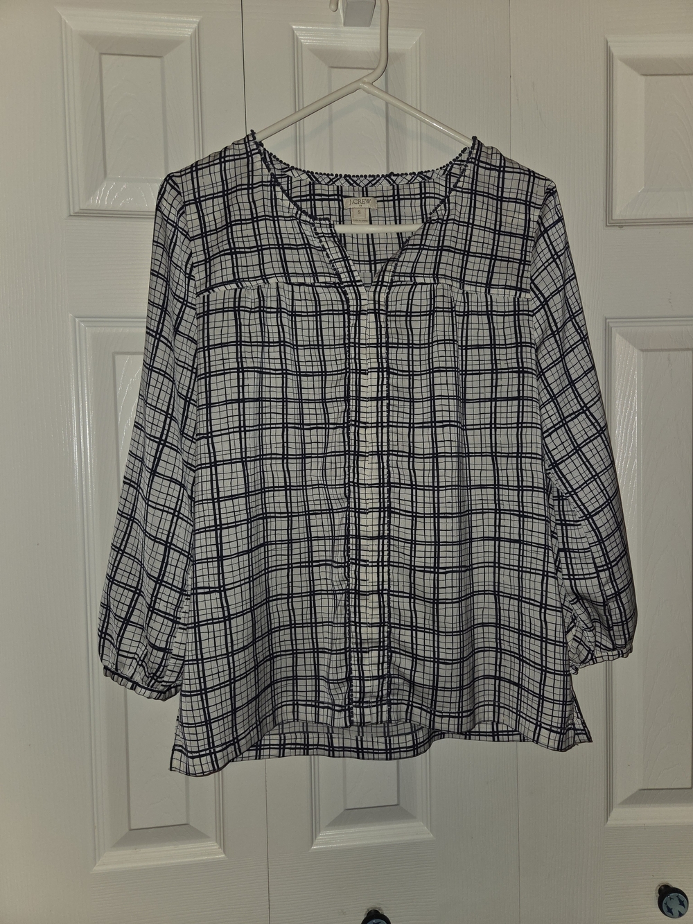J. Crew White Button-Front Plaid Shirt with Navy Grid